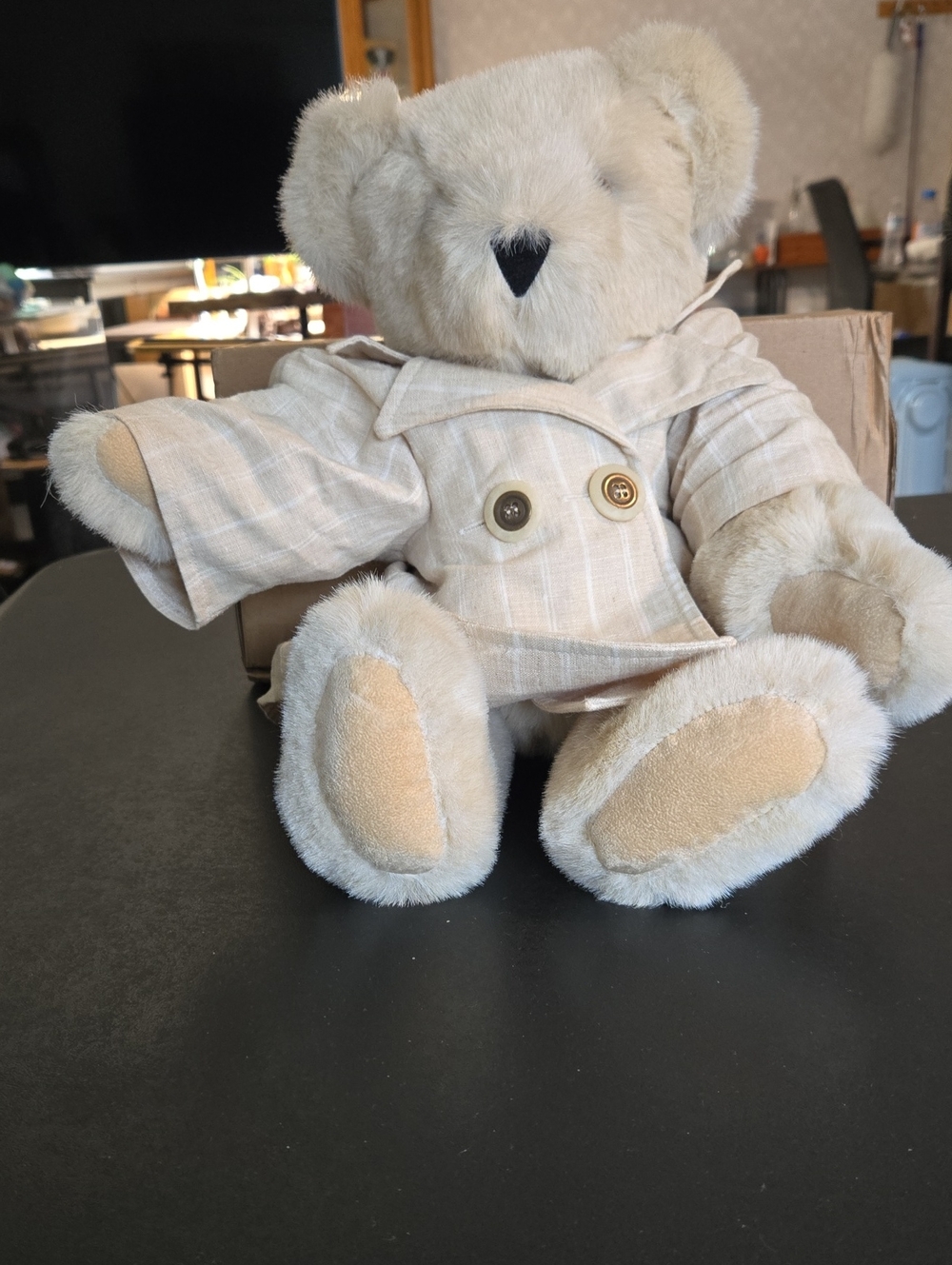 Plush Vermont Teddy Bear with Striped Trench Coat - Soft Cuddle Toy 15" Tall!